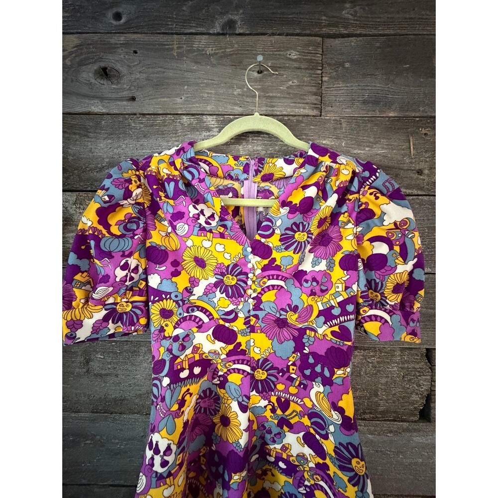 Vintage 60s 70s Handmade Psychedelic Novelty Print Mini Dress Puff Sleeve XS - Picture 7 of 8